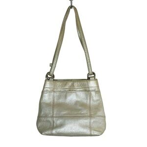Tignanello Metallic Gold Silver Pebbled Leather shoulder Bag Brown Chain Fabric